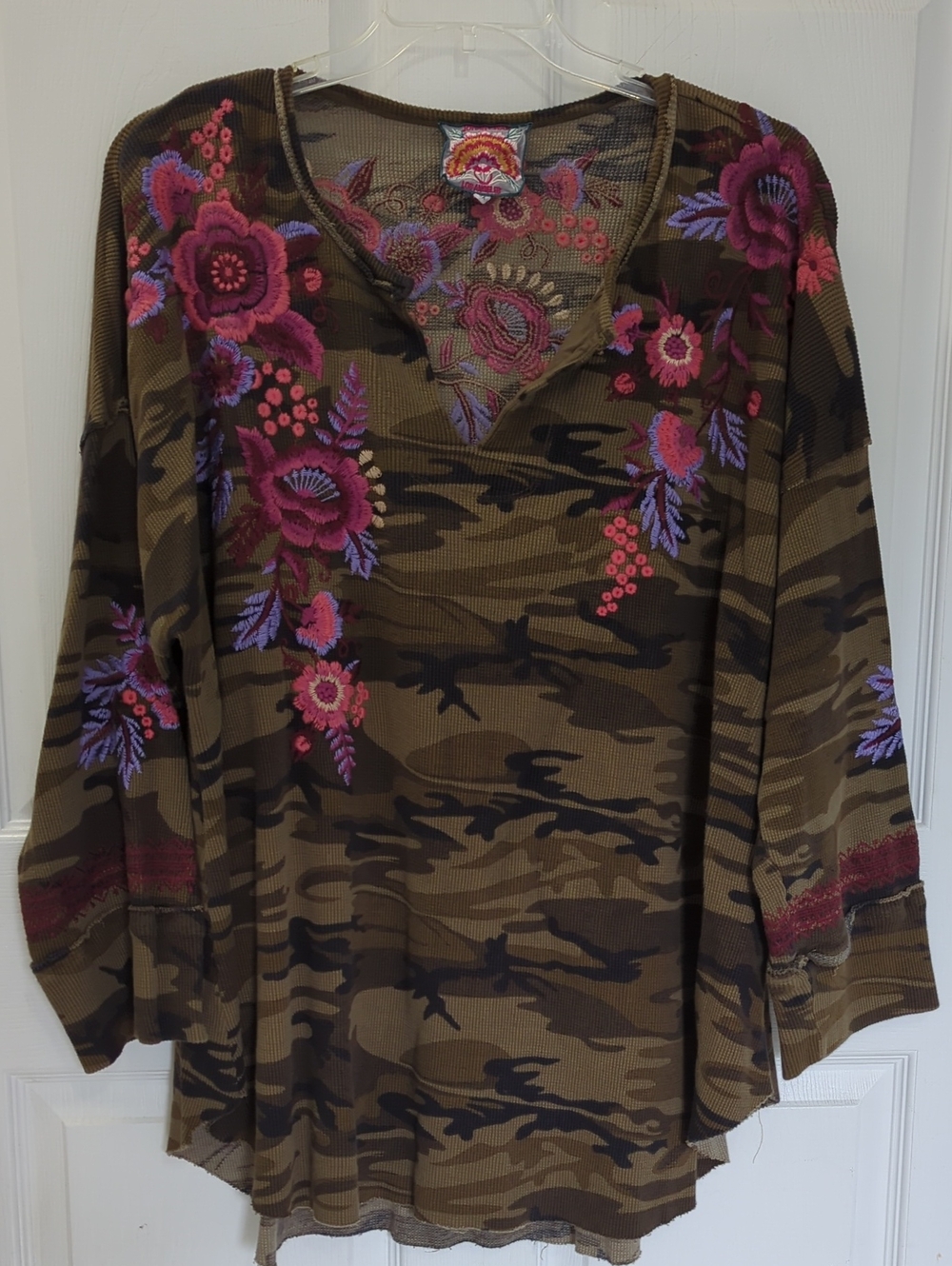 Johnny Was Zosia Embroidered Camo Waffle Thermal Shirt